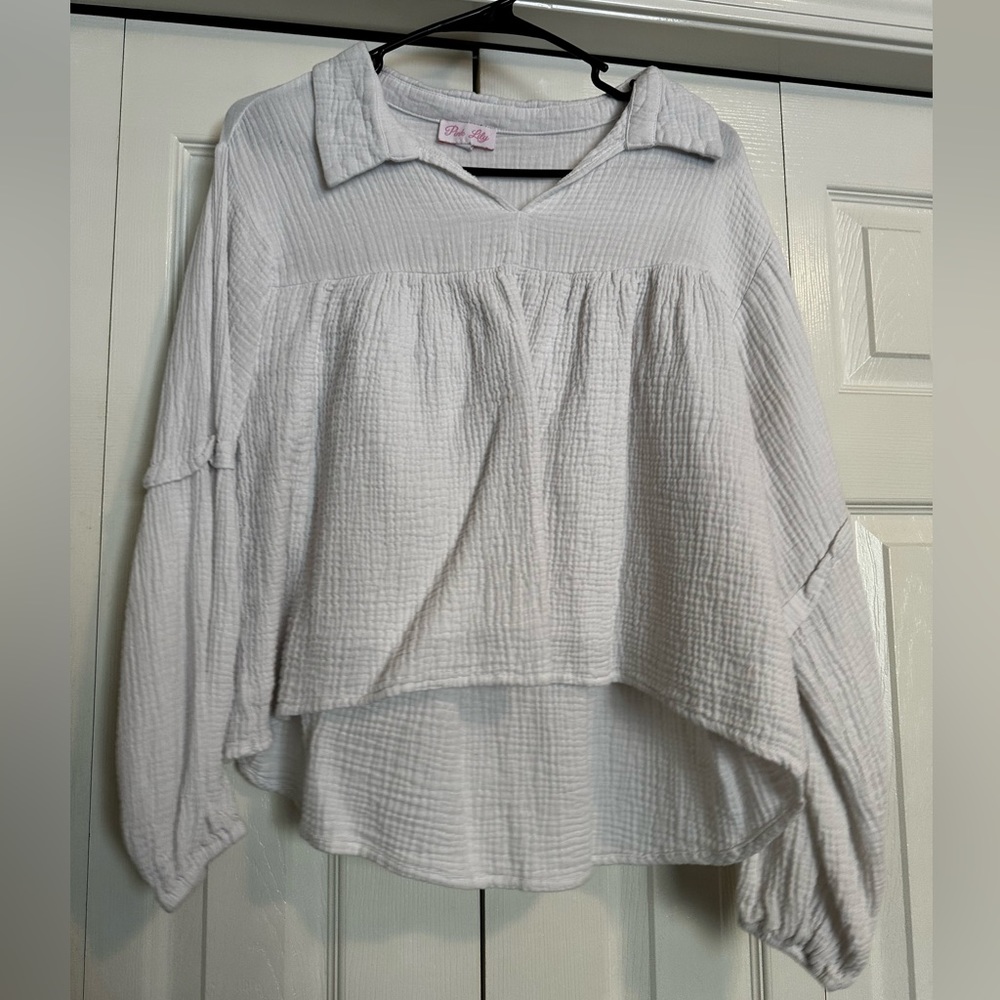 Pink Lily White Collared Long Sleeve Shirt